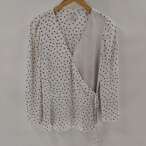 LOFT Wrap Style Blouse Size Small White Navy Blue Polka Dot Long Sleeve